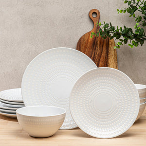 12pc Bijou Ceramic Plate & Bowl Dinnerware Set - Pearl White - bzyoo