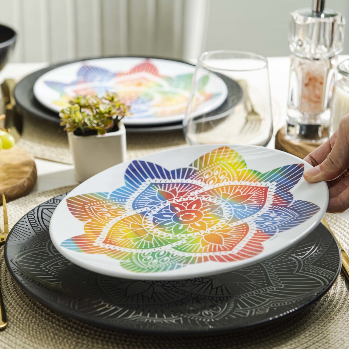 12pc La La Mandala Melamine Plate & Bowl Set - bzyoo