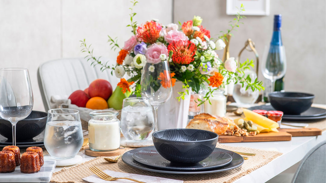 12pc La La Mandala Melamine Plate & Bowl Set - Black | Bzyoo