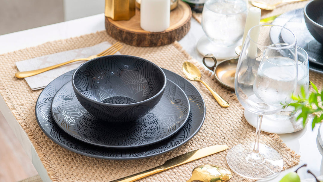 Mālama Collection 12pc La La Mandala Melamine Plate & Bowl Set - Black | Bzyoo