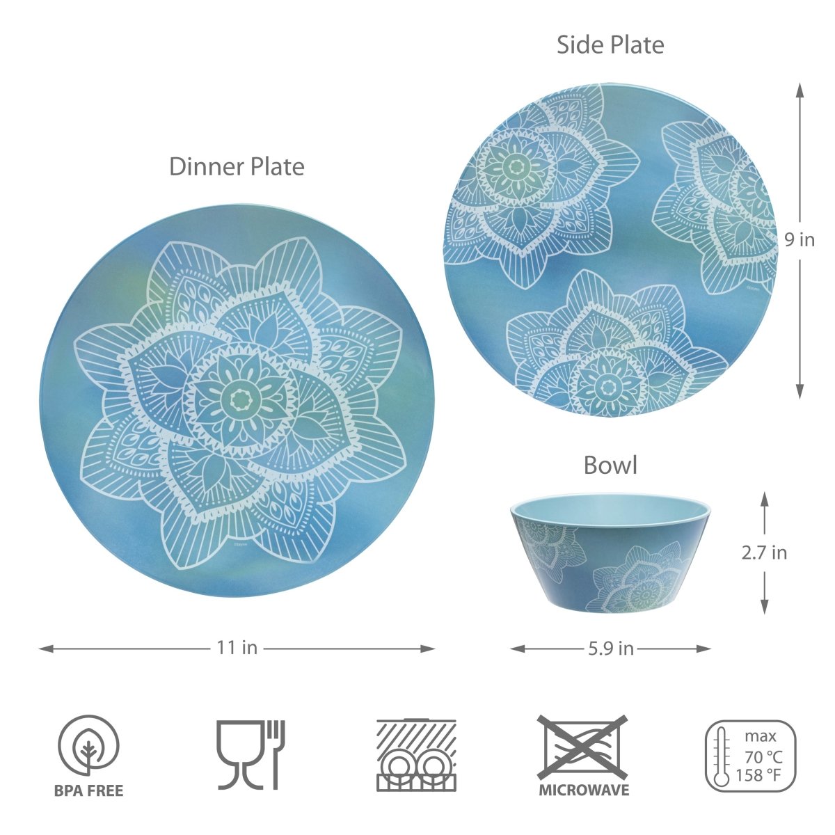 12pc La La Mandala Melamine Plate & Bowl Set - bzyoo