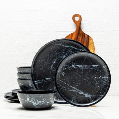 12pc Marble Melamine Plate & Bowl Dinnerware Set - Black - bzyoo