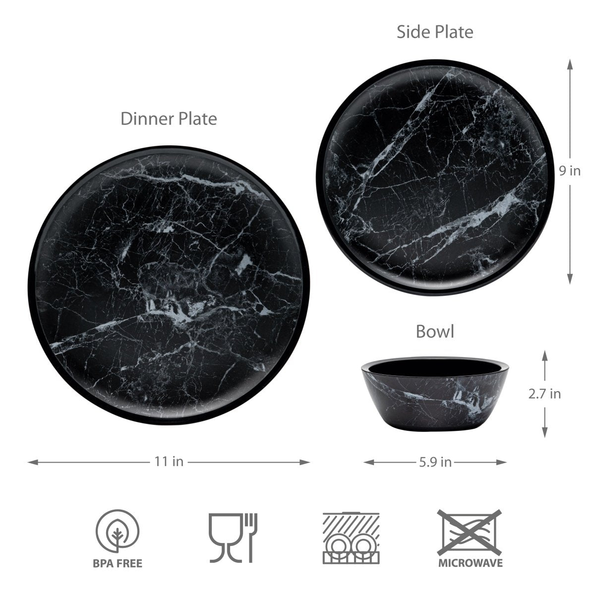 12pc Marble Melamine Plate & Bowl Dinnerware Set - Black - bzyoo