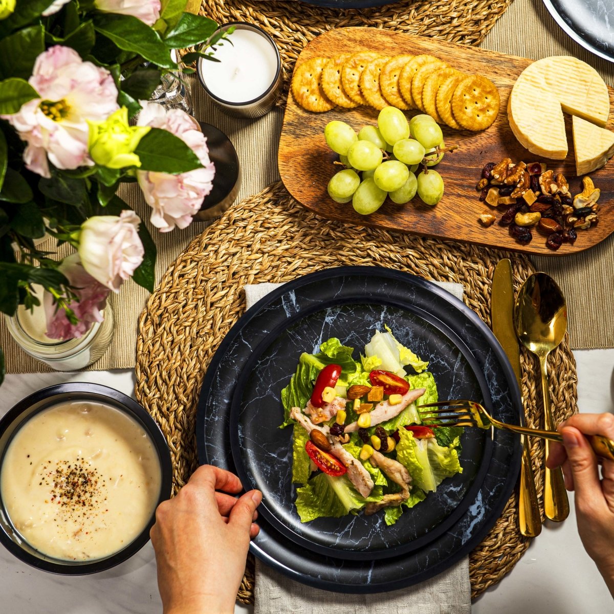 12pc Marble Melamine Plate & Bowl Dinnerware Set - Black - bzyoo