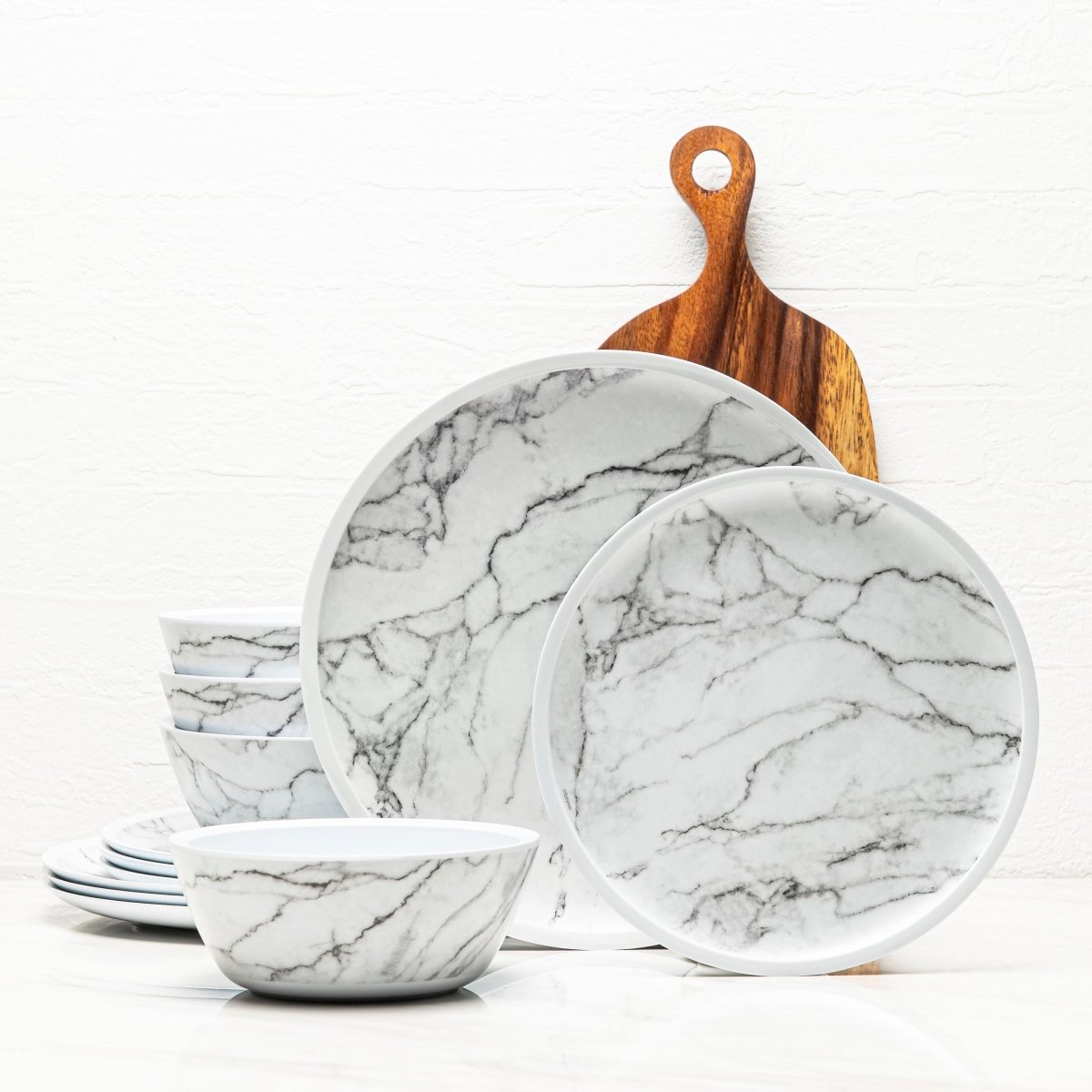12pc Marble Melamine Plate & Bowl Dinnerware Set - White - bzyoo