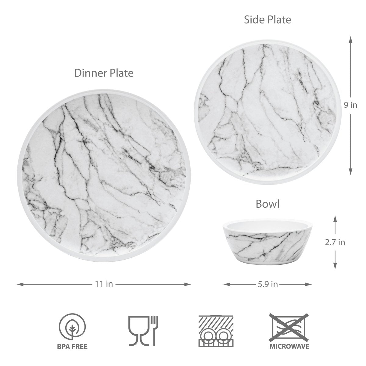 12pc Marble Melamine Plate & Bowl Dinnerware Set - White - bzyoo