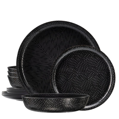 12pc Mono Melamine Plate & Bowl Dinnerware Set - Black - bzyoo