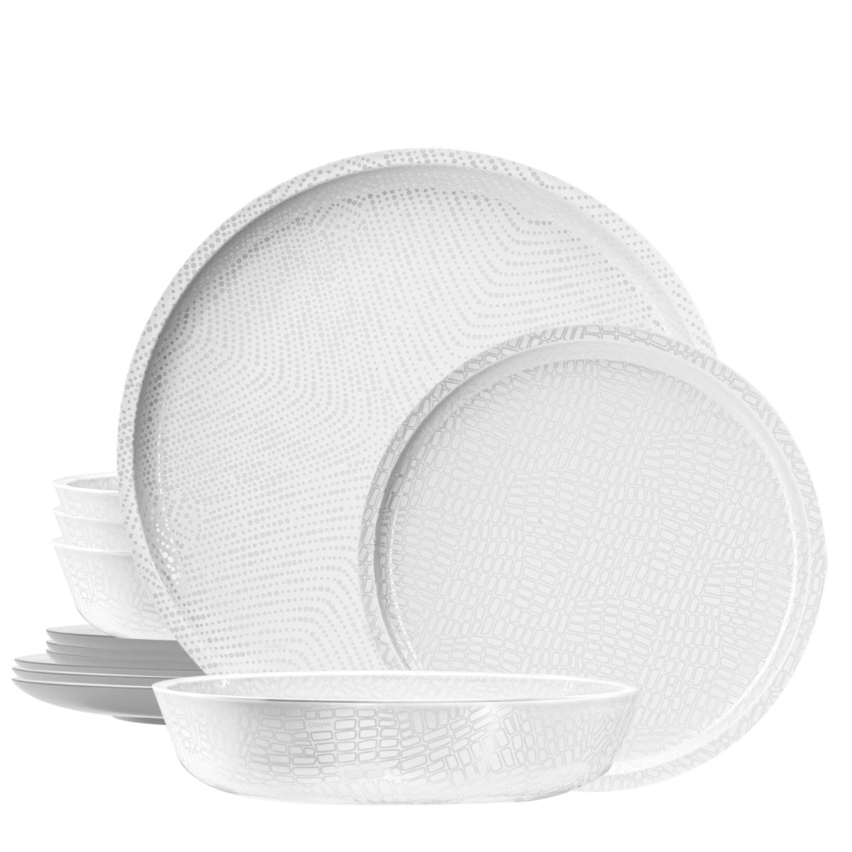 12pc Mono Melamine Plate & Bowl Dinnerware Set - White - bzyoo