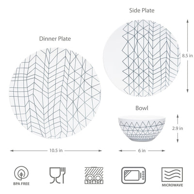 12pc Spidy Ceramic Plate & Bowl Dinnerware Set - White - bzyoo