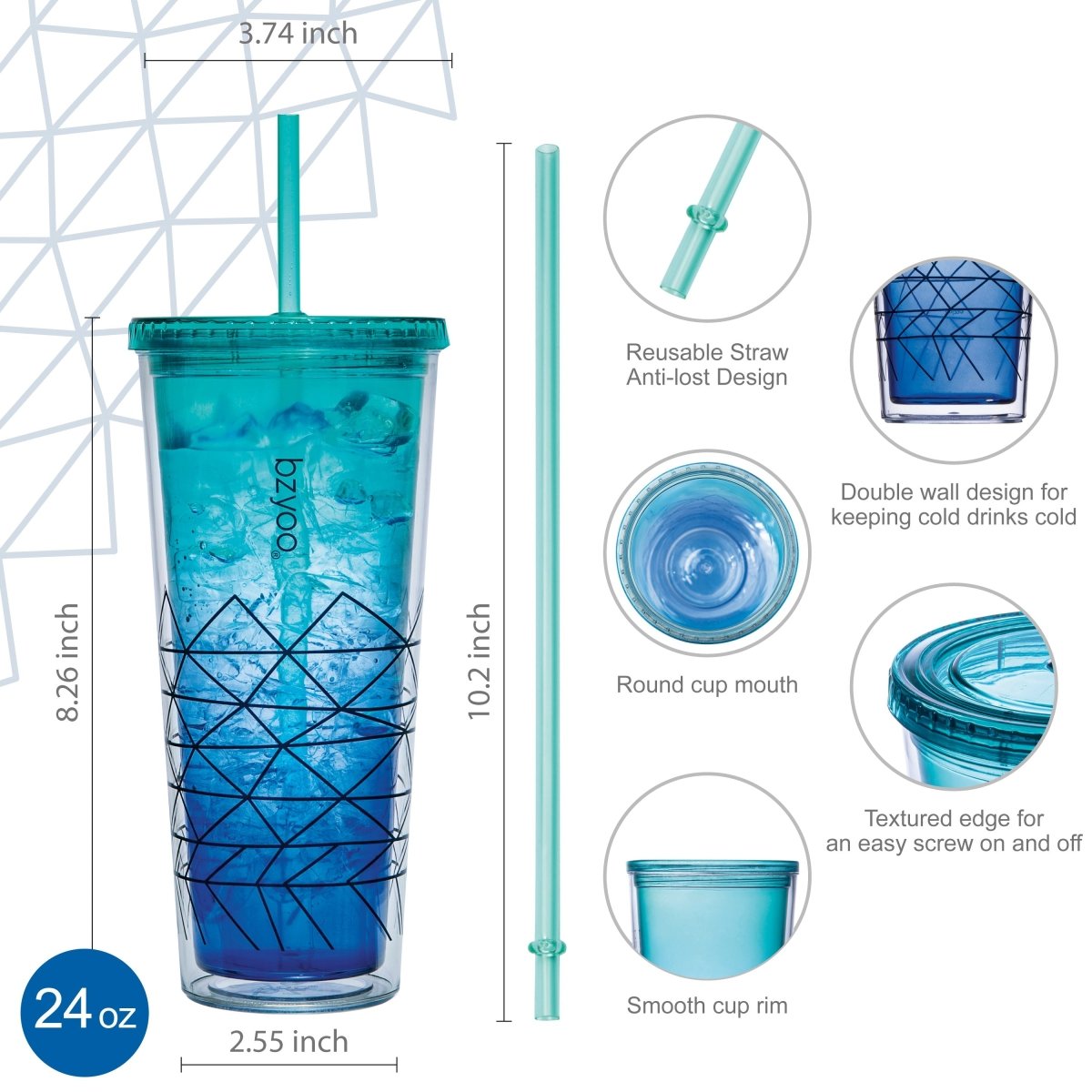 24oz Clear Double Wall Plastic Cup w/Lid and Blue Straw Friedrichs Logo -  Friedrichs Coffee
