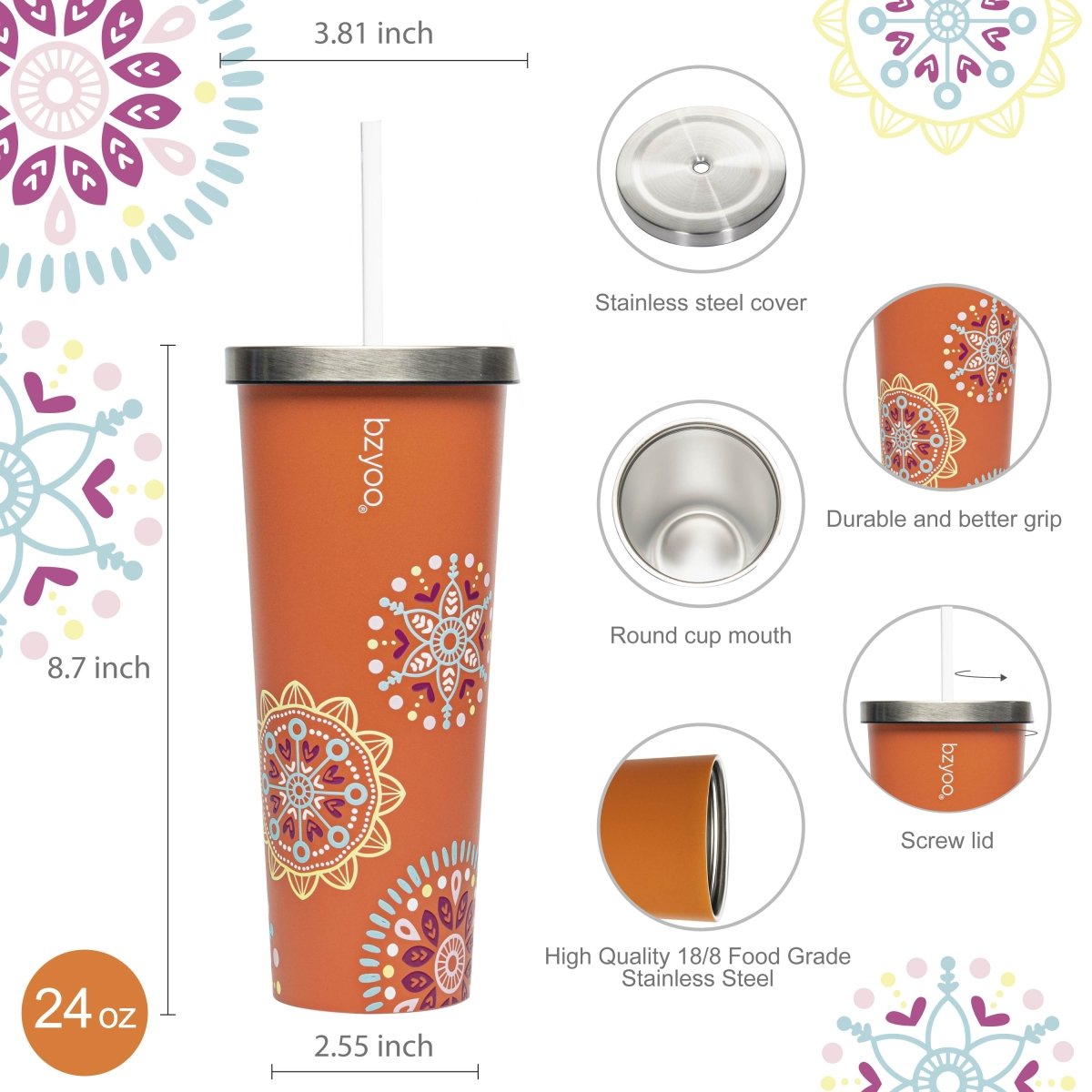 24oz SUP Double Wall Vacuum Insulated Stainless Steel Tumbler w/ Straw Lid - Orange Madallion - bzyoo