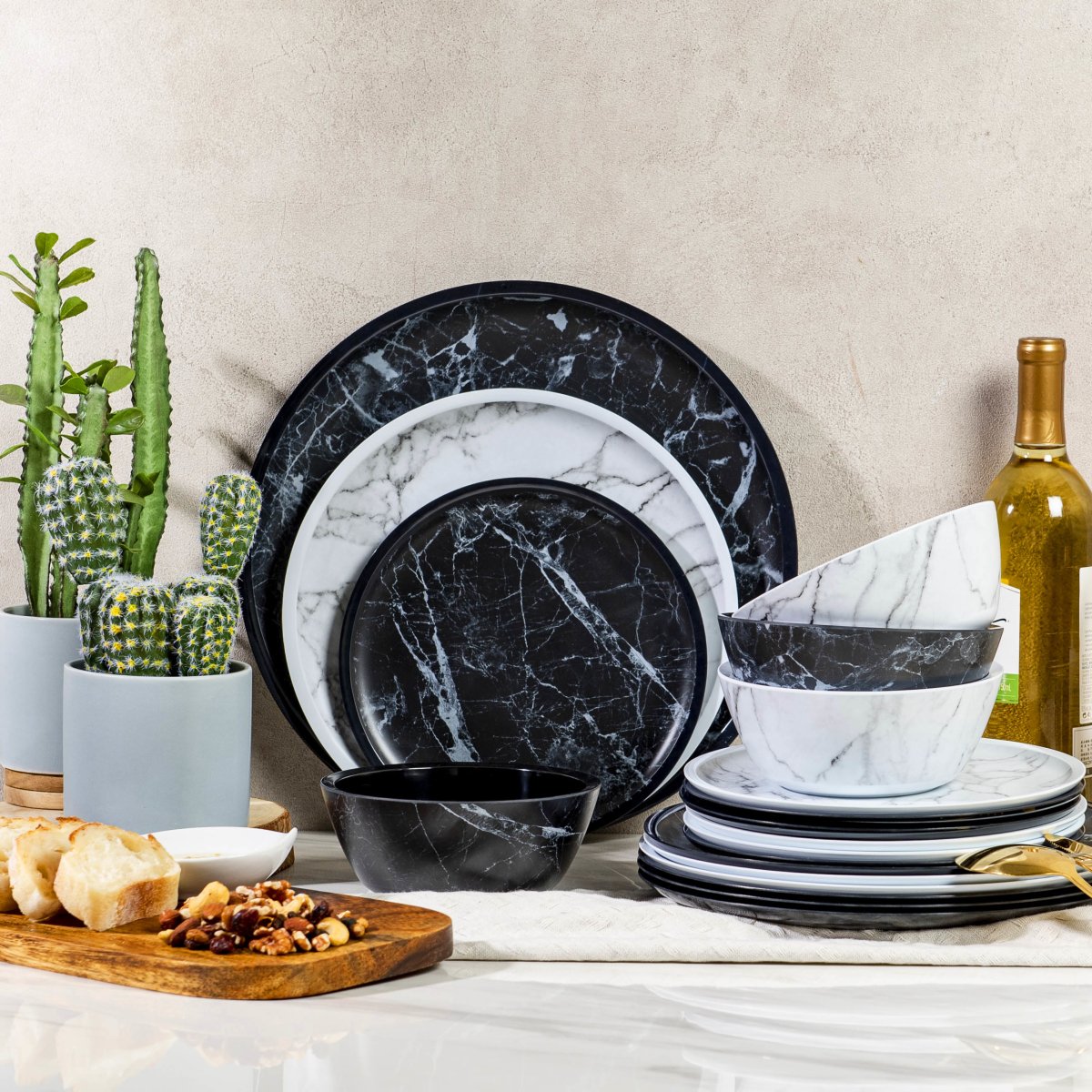 2pc Marble Melamine Round Platter - Black & White - bzyoo