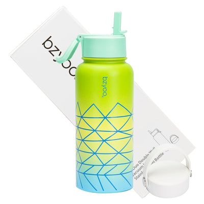 32oz HyDuo Insulated Stainless Steel Double Wall Water Bottle w/ 2 Lids - bzyoo