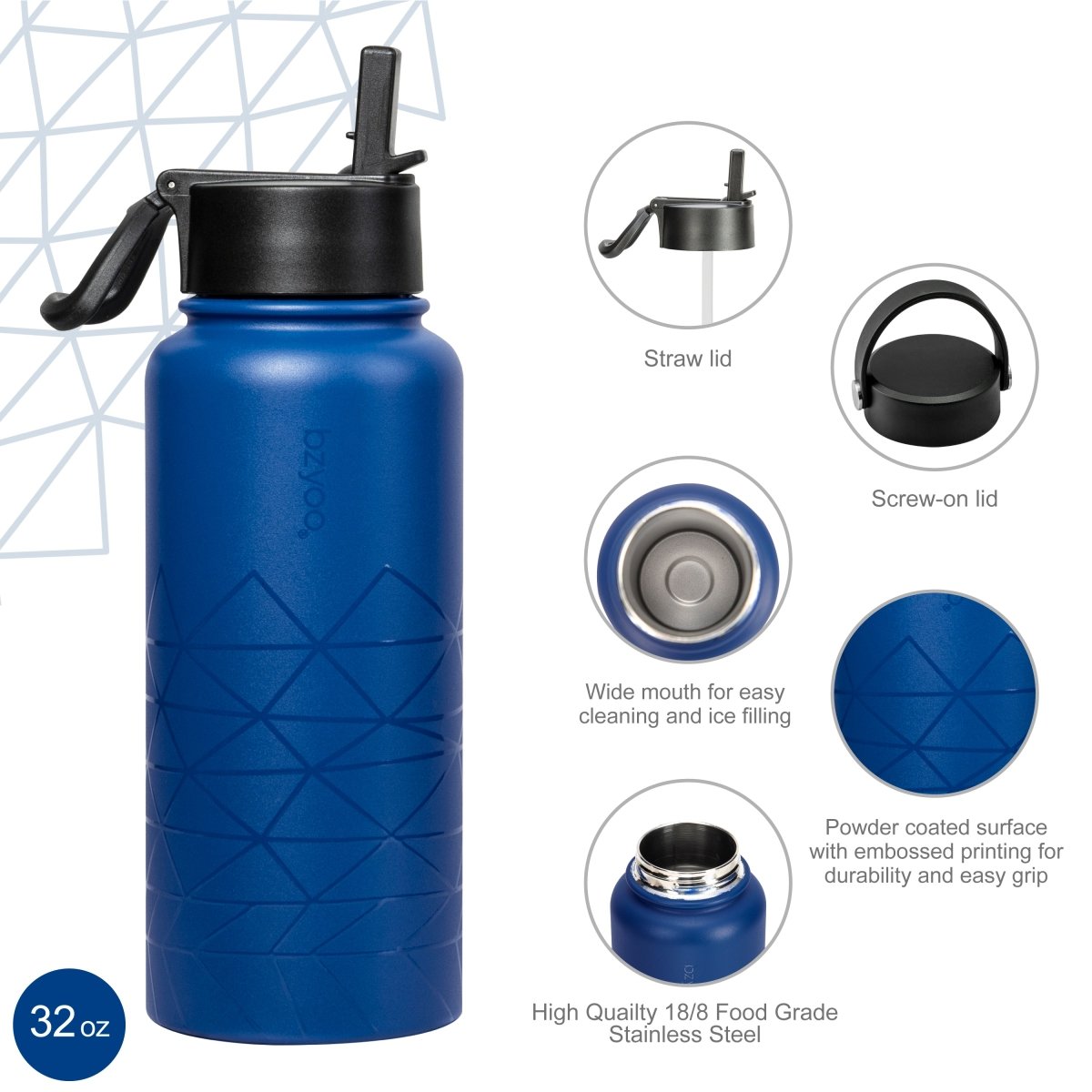 32oz HyDuo Insulated Stainless Steel Double Wall Water Bottle w/ 2 Lids - bzyoo