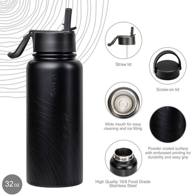 32oz HyDuo Insulated Stainless Steel Double Wall Water Bottle w/ 2 Lids - bzyoo