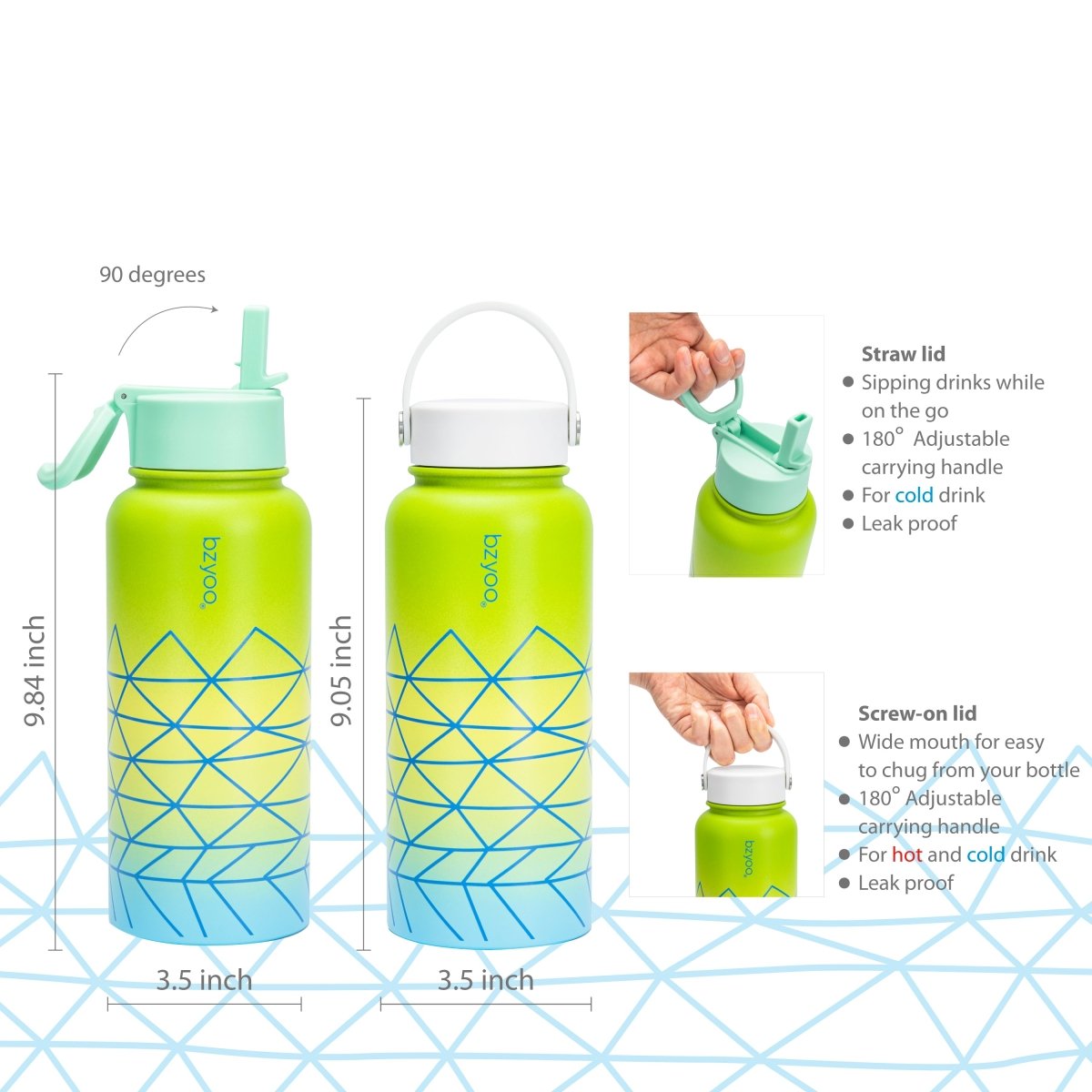 32oz HyDuo Insulated Stainless Steel Double Wall Water Bottle w/ 2 Lids - bzyoo