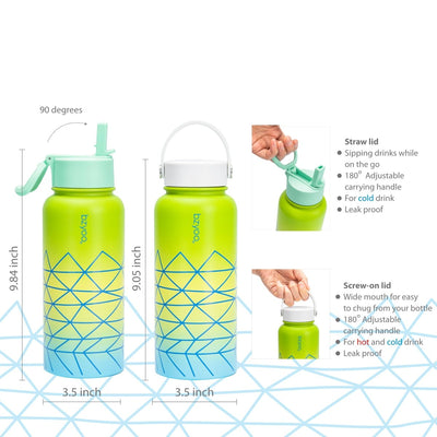 32oz HyDuo Insulated Stainless Steel Double Wall Water Bottle w/ 2 Lids - bzyoo