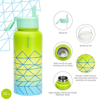 32oz HyDuo Insulated Stainless Steel Double Wall Water Bottle w/ 2 Lids - bzyoo