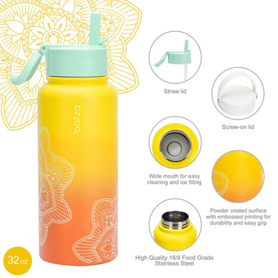 32oz HyDuo Insulated Stainless Steel Double Wall Water Bottle w/ 2 Lids - bzyoo