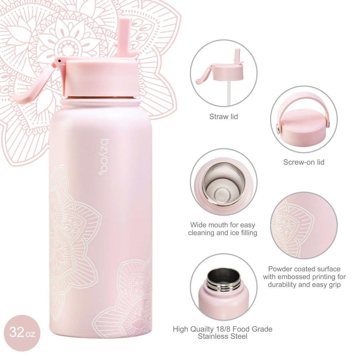 32oz HyDuo Insulated Stainless Steel Double Wall Water Bottle w/ 2 Lids - bzyoo