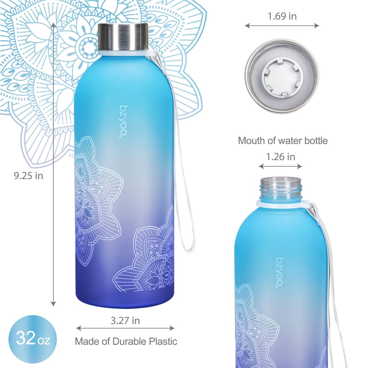 32oz La La Mandala Time Marker Tritan Water Bottle w/ Carrying Strap - bzyoo