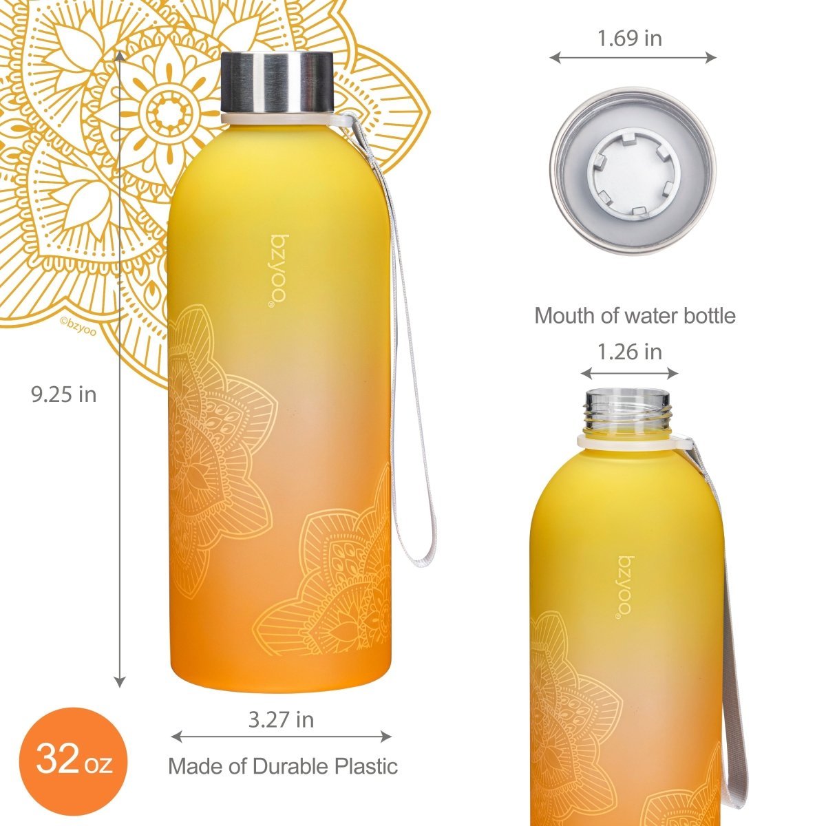 32oz La La Mandala Time Marker Tritan Water Bottle w/ Carrying Strap - bzyoo