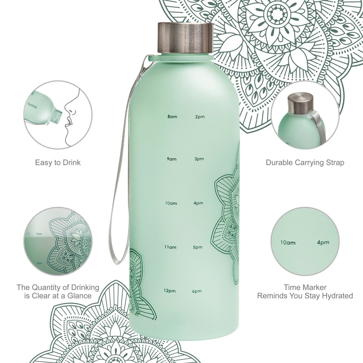 32oz La La Mandala Time Marker Tritan Water Bottle w/ Carrying Strap - bzyoo