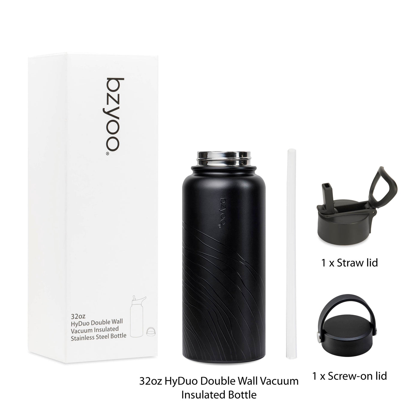 32oz HyDuo Insulated Stainless Steel Double Wall Water Bottle w/ 2 Lids - Organica Black