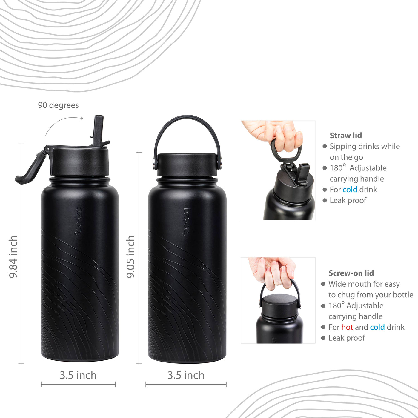 32oz HyDuo Insulated Stainless Steel Double Wall Water Bottle w/ 2 Lids - Organica Black