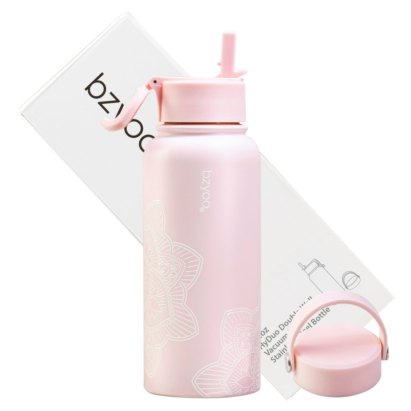 32oz HyDuo Insulated Stainless Steel Double Wall Water Bottle w/ 2 Lids - La La Mandala Pink