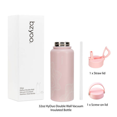 32oz HyDuo Insulated Stainless Steel Double Wall Water Bottle w/ 2 Lids - La La Mandala Pink