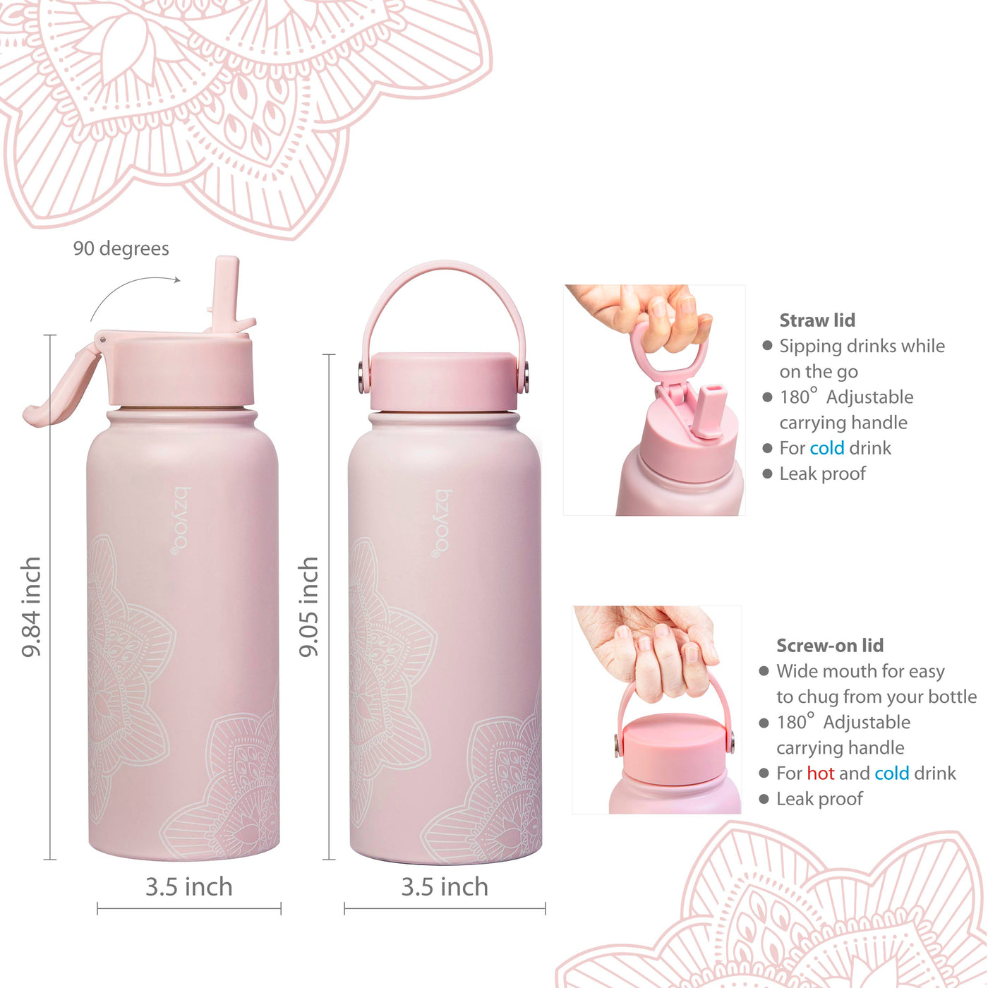 32oz HyDuo Insulated Stainless Steel Double Wall Water Bottle w/ 2 Lids - La La Mandala Pink