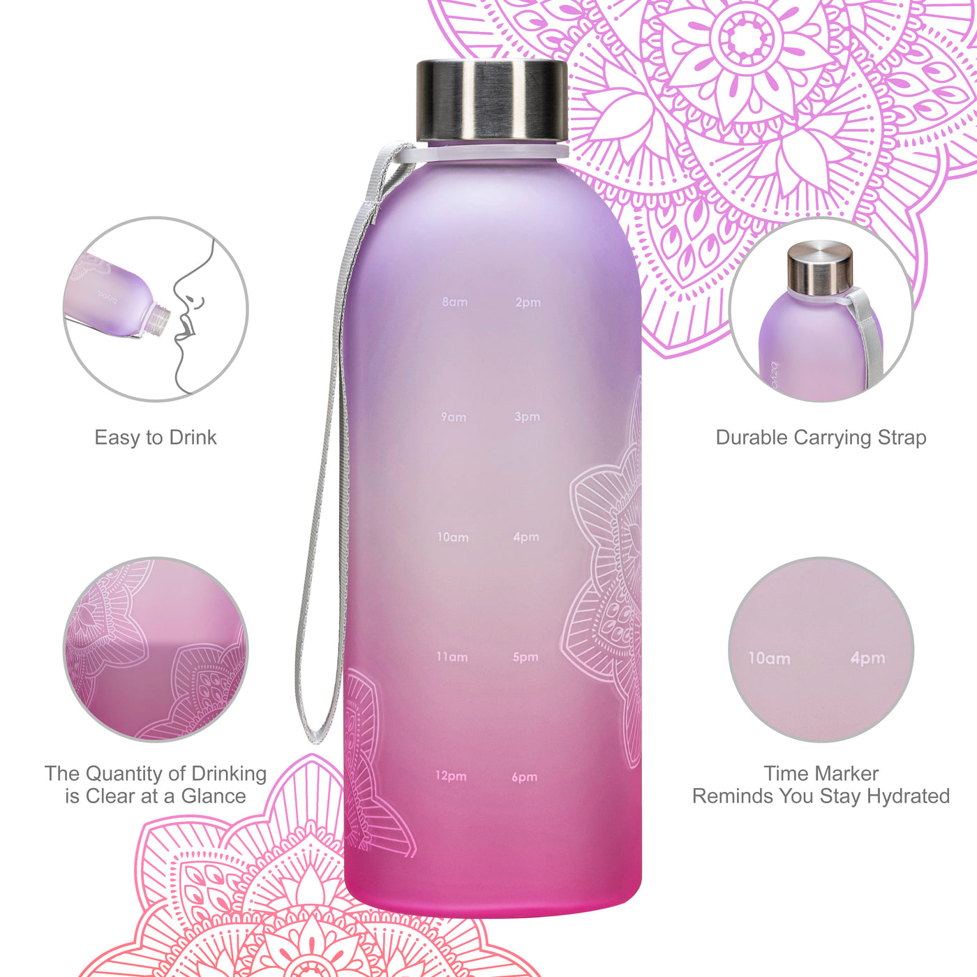 32oz La La Mandala Time Marker Tritan Water Bottle w/ Carrying Strap - Ombre Pink