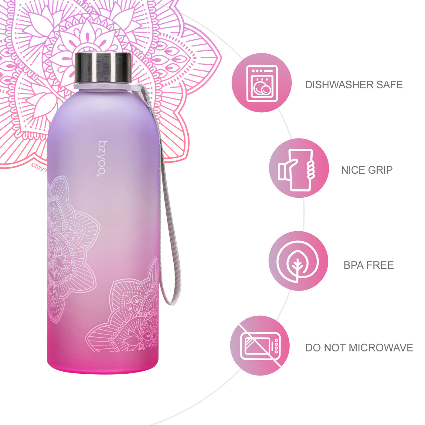 32oz La La Mandala Time Marker Tritan Water Bottle w/ Carrying Strap - Ombre Pink