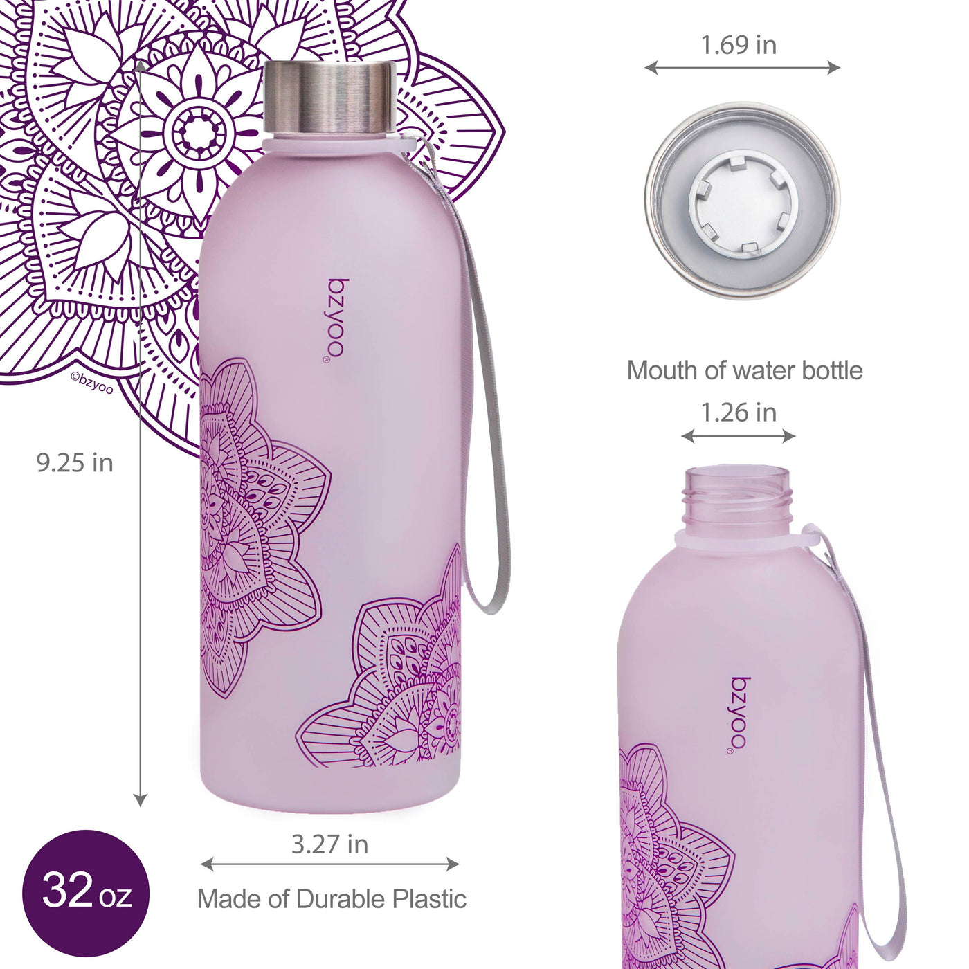 32oz La La Mandala Time Marker Tritan Water Bottle w/ Carrying Strap - Purple