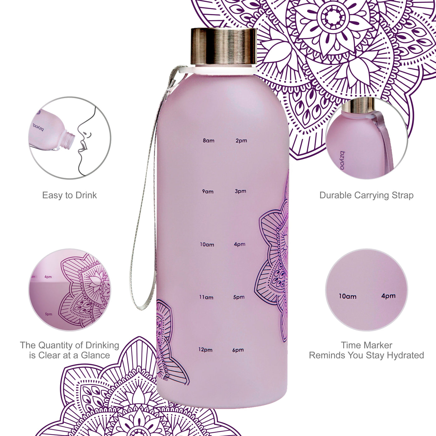 32oz La La Mandala Time Marker Tritan Water Bottle w/ Carrying Strap - Purple