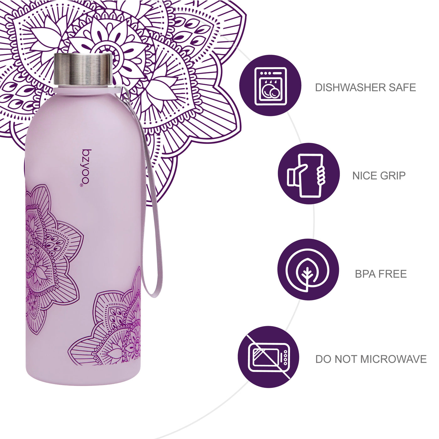32oz La La Mandala Time Marker Tritan Water Bottle w/ Carrying Strap - Purple
