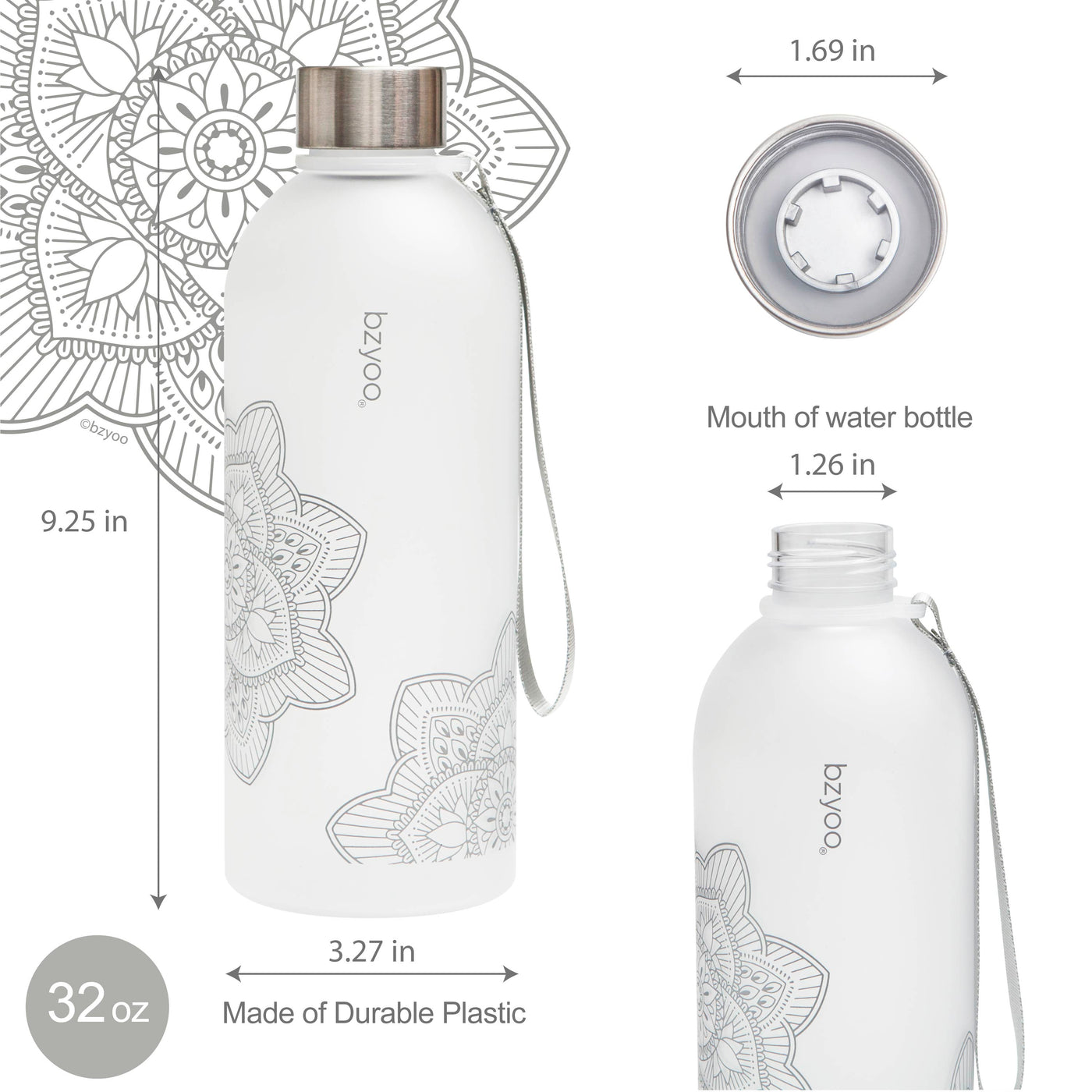 32oz La La Mandala Time Marker Tritan Water Bottle w/ Carrying Strap - Silver
