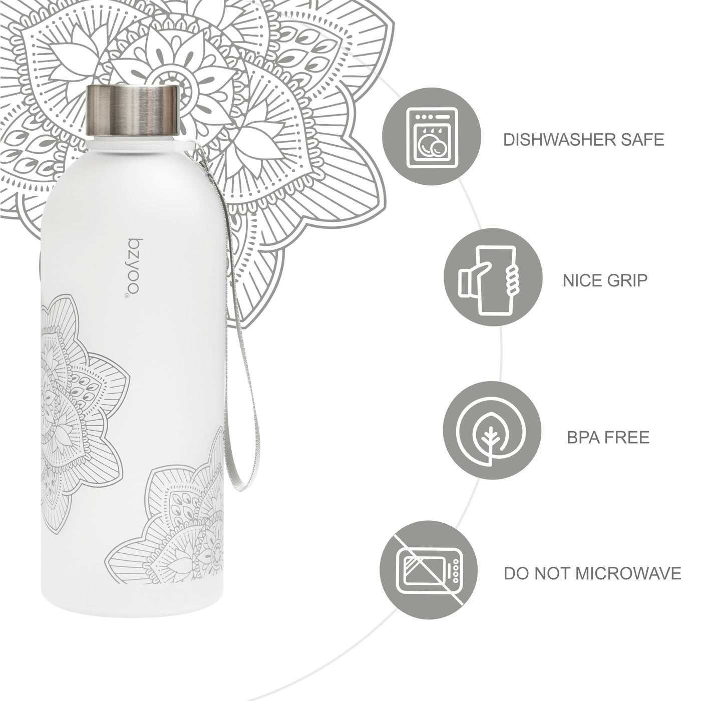 32oz La La Mandala Time Marker Tritan Water Bottle w/ Carrying Strap - Silver